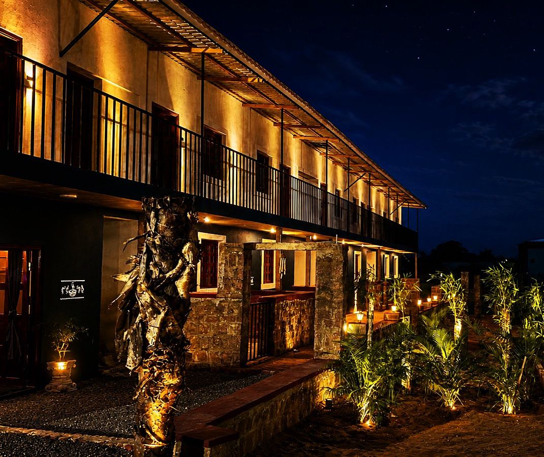 Resort room exterior with warm lantern lighting